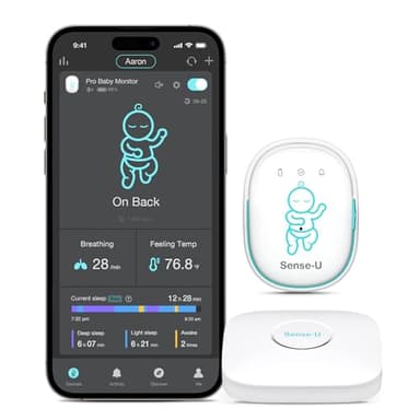 Sense-U Pro Baby Monitor(Long Range) – Tracks Breathing Movement, Rollover & Temperature Anywhere for Better Sleep, Simple Clip-On Smart Tracker with Arousal Vibration, Audible Alerts & Sleep Analysis
