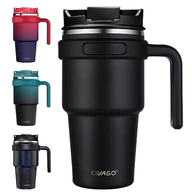 CIVAGO 20 oz Tumbler Mug with Lid and Straw, Insulated Travel Coffee Mug with Handle, Double Wall Stainless Steel Vacuum Coffee Tumbler, Thermal Coffee Cup, Flip lid, Black