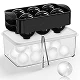 ICEXXP Whiskey Ice Ball Maker with Lid and Bin, 1.9" Round Ice Cube Trays for Freezer, Large Sphere Whisky Ices Cubes Tray Circle with Bucket&Tong, Cocktail Bourbon Brandy Scotch(Black-6 Balls*2 Pack)