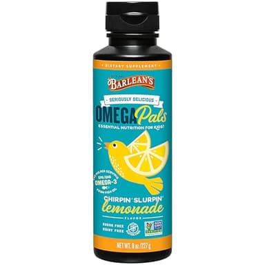 Barlean's Omega Pals Chirpin' Slurpin' Lemonade Flavored Omega-3 for Kids, Yummy Children's Liquid Fish Oil Supplement with 540 mg of EPA and DHA Fatty Acid for Brain & Eye Health, 8 oz