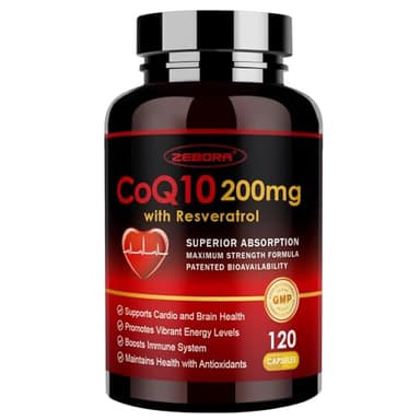 ZEBORA CoQ10-200mg with Trans-Resveratrol, PQQ & Vitamin E - High Absorption Coenzyme-Q10 with BioPerine - Powerful Antioxidant for Heart & Energy-Production,120 Veggie Capsules