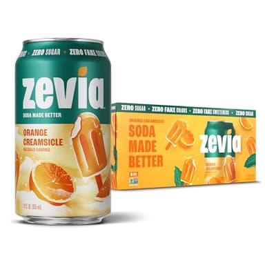 Zevia Zero Sugar Soda, Orange Creamsicle, 12 oz Cans (8-Pack) – Caffeine Free, Naturally Sweetened, No Calorie Soda - Non-GMO Project Verified, Gluten-Free, Vegan