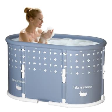 HLCZLUZ Portable Bathtub, Foldable Bathtub No Installation, Freestanding Shower Bathtubs with Cushion, Collapsible SPA Soaking Bath Tub, Hot & Ice Bath Tub for Indoor Outdoor (Light Blue Gray)