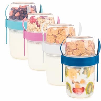 EYNEL 4 Pack Breakfast 22 oz On The Go Cups with Lids and Spoon, Reusable Cereal Yogurt Cup with Topping Plastic Overnight Oats Container for Granola Oatmeal (22 oz - 4 Pack)