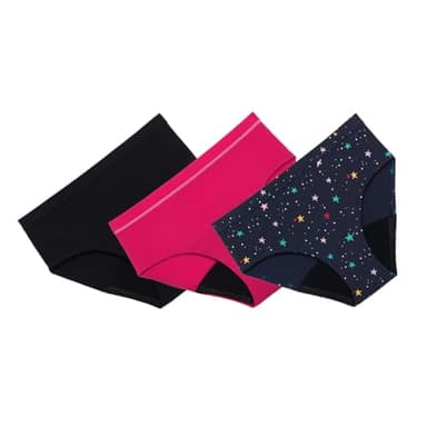 Thinx Teens Period Underwear, Brief-Style Period Panties for Teens, Holds Up to Regular 12 Tampons*, Period Panties, Reusable, 3-Pack - (2) Black + (1) Lucky Stars, Size 11/12