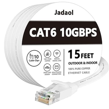 Jadaol Cat 6 Ethernet Cable 15 ft, 10Gbps Support Cat8 Cat7 Network, Flat RJ45 LAN Patch Cable, High-Speed Wired Internet Cable for Router, Modem, Switch, Gaming Consoles, PC, Streaming Devices, White