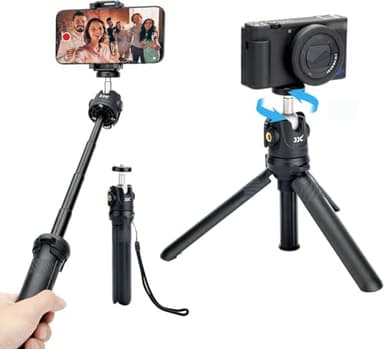 JJC 2 in 1 Extendable Mini Vlogging Tripod & Selfie Stick for Sony ZV-E10 II ZVE10 ZV-1F ZV1F ZV-1 II ZV1 RX100 VII A6100 A6400, Canon PowerShot V1 SX740 HS G7X Mark III II EOS R100 R50 R10 & More