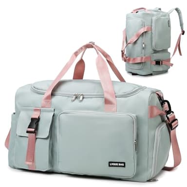 Eslcorri Gym Duffle Bag for Women Men, Sports Backpack with Wet & Shoe Compartment, Fitness Overnight Weekender Bag for Yoga, Swim, Travel (Style B, GreenPink)