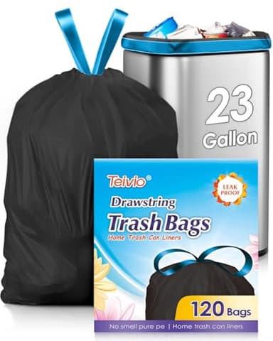 Teivio 23 Gallon Drawstring Trash Bags, 120 Counts, Fit 23 Gallon Rubbermaid Slim Jim Can & 22-25 Gal Tall Kitchen Trash Can，Large Plastic Waste Bin Liners for Home Office Daily Household Use, Black