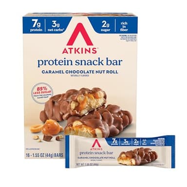 Atkins Caramel Chocolate Nut Roll Snack Bar, Protein Snack , 7g Protein, 2g Sugar, High Fiber Snack, 16 Count