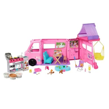 Barbie Dream Camper Playset with Roof Tent, Swing Chair, Fishing Pond, BBQ Grill with Color-Change Feature & 60+ Accessories Including Dough