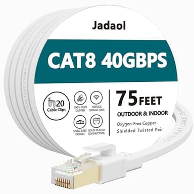Jadaol Cat 8 Ethernet Cable 75 ft, 40Gbps 2000MHz Flat RJ45 S/FTP LAN Patch Cable, High-Speed Cat8 Network Cable for Router, Modem, Switch, Gaming Consoles, PC, Home Network & Streaming Devices, White