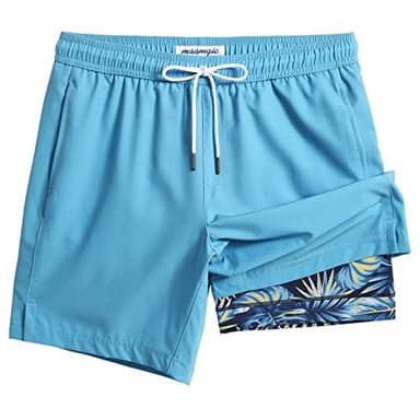 maamgic Mens Swim Trunks with Compression Liner 7 Inch Inseam Mens Bathing Suit Quick Dry Swimming Trunks Swimsuit Blue Leaf Medium