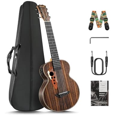 30inch Caramel CB904G Ebony Wood Electric Guitalele Small Guitar Kit Beginner Guitarlele Starter Bundle Strings, Padded Gig Bag, Strap Set (Ebony)