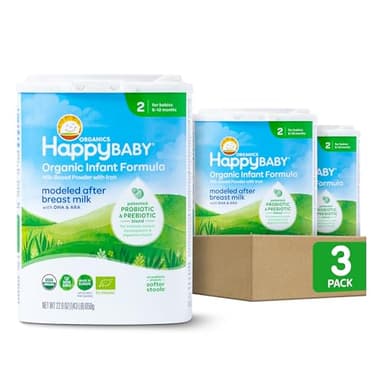 Happy Baby Organics Stage 2 Infant Formula, 6 12 Months, Milk Based Organic Baby Formula Powder with Iron, Probiotics & Prebiotics for Immune & Digestive Support, 22.9 Ounce (Pack of 3)
