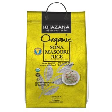 Organic Sona Masoori Rice by Khazana in 20 lb Bag - Aromatic and Flavorful Indian Grain - Non-GMO, Gluten Free, Kosher, Cholesterol Free