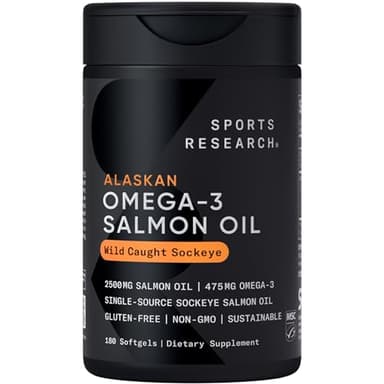 Sports Research® Salmon Oil - Single-Source Wild Alaskan Sockeye | 2500 mg per Serving w/EPA & DHA Fatty Acids | MSC Certified - 180 Count Softgels
