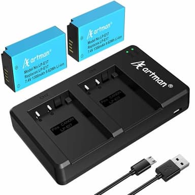 Artman LP-E17 Battery 2-Pack and Rapid Dual LP E17 Battery Charger for Canon EOS R50 R100 RP R10 R8, Rebel T8i T7i T6i T6s, Powershot V1, SL2 SL3, M3 M5 M6, 77D 200D 250D 750D 760D 800D 8000D Cameras