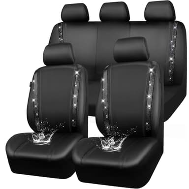 CAR PASS Leather Bling Diamond Car Seat Covers Full Set, Shining Rhinestone Waterproof Durable Rear with Zipper, Universal Fit Automotive Glitter Crystal Sparkle Strip for Cute Women Girly Black