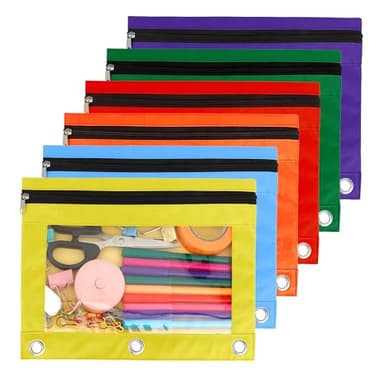 Pencil Pouch for 3 Ring Binder, 6 Pack Pencil Bags with Zipper, Large Capacity Pencil Case for Binder Assorted Color Pencil Case Pouch with Clear Window and Grommets Pencil Pocket for Office Supplies