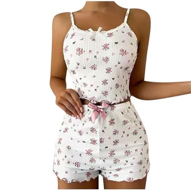 Xiaojmake Women 2 Piece Pajamas Sets Y2k Cute Print Ribbed PJ Set Sleeveless Cami Top and Short Matching Lounge Set Sleepwear Pink