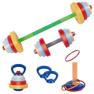 OCES 5-in-1 Kids Exercise Weight Set — Adjustable Fillable Toddler Weights Gym Set (Barbell, Dumbbells, Kettlebell, Ring Toss, Push-up) Kids Workout Equipment Beginner Home Gym Fitness Toy
