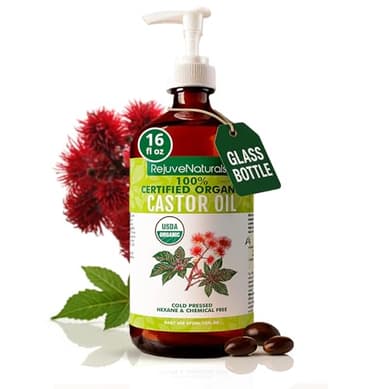 RejuveNaturals Castor Oil (16oz Glass Bottle) USDA Certified Organic, 100% Pure, Cold Pressed, Hexane Free. Boost Hair Growth for Thicker, Fuller Hair, Lashes & Eyebrows.