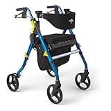 Medline Premium Empower Folding Mobility Rollator Walker with Memory Foam Seat, Black & Blue, 300 lb. Weight Capacity, 8” Wheels, Cupholder, Rolling Walker for Mobility Impairment, Adjustable Handles