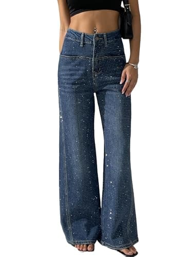 heipeiwa Women's Rhinestone Jeans Wide Leg Flare Denim Pants High Waist Sparkle Shiny Sequin Glitter Trouser Blue