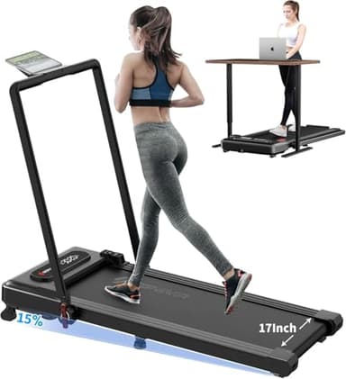Large Walking Pad with Handle Bar, 17" Widened Running Belt, 15% Incline Treadmill, 4MPH/7.6MPH, 3.0 HP Treadmill with 380lbs Capacity, Remote and App Control