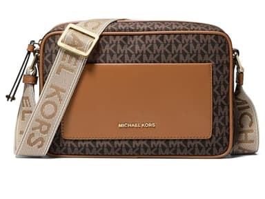 Michael Kors Jet Set Large Webbing Strap Crossbody Bag, Gold-Tone Hardware/MK Signature Nylon with Logo Webbing/Brown/Acorn