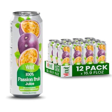 VINUT 100% Passion Fruit Juice, No Added Sugar, Not From Concentrate, 16.9 fl oz (500 mL) Can, Pack of 12