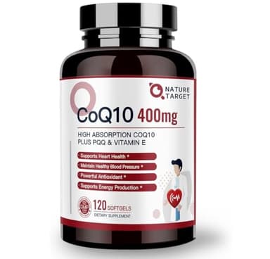 NATURE TARGET CoQ10-400mg Plus PQQ with Vitamin E & Organic Olive Oil - Coenzyme-Q10 with BioPerine - High Absorption Antioxidant-for-Heart-Health and Energy Production,120 Servings