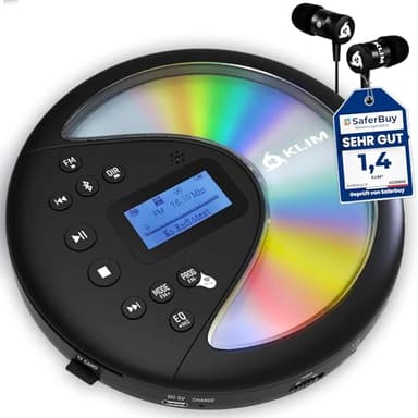 KLIM Discover - Portable CD Player with Long-Lasting Battery - New - with Headphones - Radio FM - Compatible MP3 CD Player Portable - SD Card, FM Transmitter, Bluetooth - Ideal for Cars