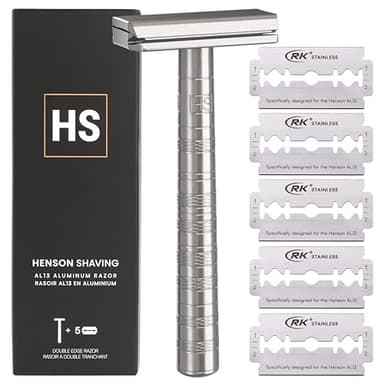 Henson Shaving Razor - Aluminum Double Edge Safety Razor with 5 Spare Blades - 30° Angled Precision With Superior Blade Rigidity- Reusable Single Blade Razors For Men and Women - Mild Aggression