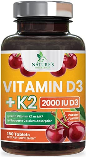 Vitamin D3 2000 IU 50mcg Per Serving - Vitamins D & K2 (MK7) Complex Supplement for Bone, Teeth, Muscle, Calcium Absorption, Supports Immune & Heart Health, Chewable Formula USA Bottled - 180 Tablets