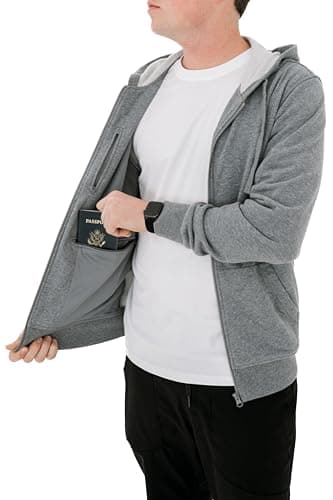 Clever Travel Anti-Pickpocket Zip Up Travel Hoodie Sweatshirt with Hidden Pockets for Men (Heather-Gray, Large)