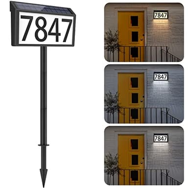 MAXvolador Solar Powered Address Sign House Numbers Waterproof, 3-Color Lighting Modes LED Illuminated Address Plaque with Stakes, Outdoor Address Number