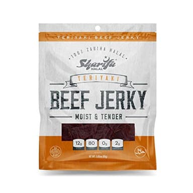 Sharifa Halal Beef Jerky, Teriyaki, (1) 2.85 oz. Bag – Great Everyday Halal Jerky Beef Meat Snack, 100 % Real Zabiha Halal Beef, 12g of Protein, 80 Calories, 0g Trans Fat, & 2g of Carbohydrates