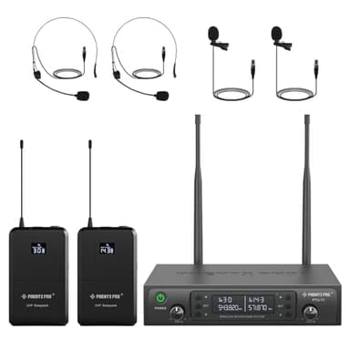 Phenyx Pro Dual UHF Wireless Microphone System，Auto-Scan Cordless Mic Set w/ 2x100 Frequencies, 2 Bodypacks & Headsets/Lapel Microphones for Speaking, Singing, Church, DJ (PTU-71-2B)