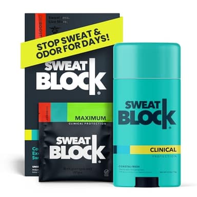SweatBlock Maximum Clinical Strength Antiperspirant and Deodorant System for Men and Women Hyperhidrosis Aid for Excessive Sweating and Odor 10 DRIBOOST Wipes Plus Unisex Deodorant Stick 2.7 oz