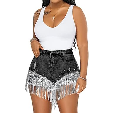 Women's Summer Bling Tassel Fringe Denim Shorts Rhinestone Pearl Beaded High Waist Raw Hem Ripped Stretchy Short Jeans