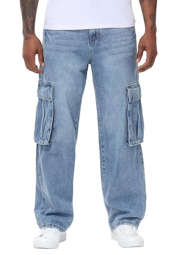 MZNBURAM Men's Non-Stretch Loose Fit Wide-Leg Baggy Cargo Jeans Pants (36, A#Light Blue)