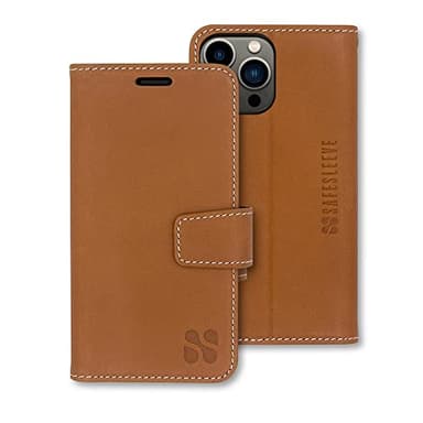 SafeSleeve Wallet Leather Case for iPhone 13 Pro, 13 EMF Blocker for Cell Phone with 3 Card Holder & Adjustable Stand – Magnetic Closure, and Magnetic Folio Protection for Daily Use (Leather)