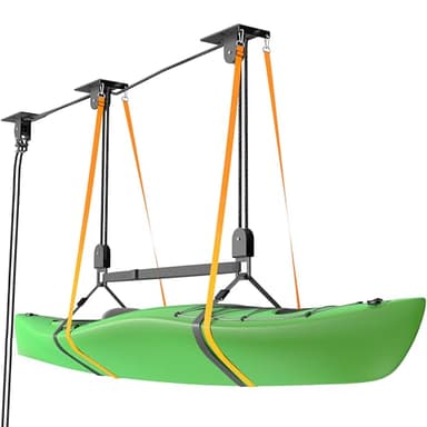 TRUSOON Upgrade Kayak Hoist for Garage Ceiling, Heavy-Duty Kayak Storage Lift Pulley System with Safety Straps, Holds Up to 150 lbs Capacity, Fit 10-18 Foot Ceilings, Black