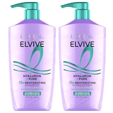 L'Oreal Paris Elvive Hyaluron + Pure Shampoo and Conditioner Set, Clarifying Shampoo and Rehydrating Conditioner with Salicylic Acid and Hyaluronic Acid, 1 Kit