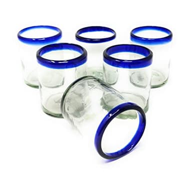 Hand Blown Mexican Drinking Glasses - Set of 6 Tumbler Glasses with Cobalt Blue Rims (10 oz each)