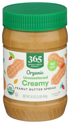 365 by Whole Foods Market, Organic Creamy Peanut Butter Spread, Unsweetened, No Stir, 16 Ounce
