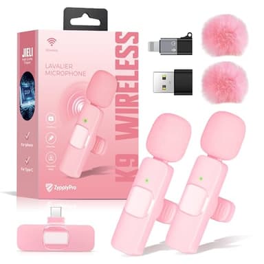 ZypplyPro Wireless Lavalier Microphone 2-Pack – Compatible with iPhone, iPad, iOS, Android – Mini Mics with USB-C, Noise Reduction Lapel Mic for Video Recording, Vlogging, YouTube, TikTok (Pink)