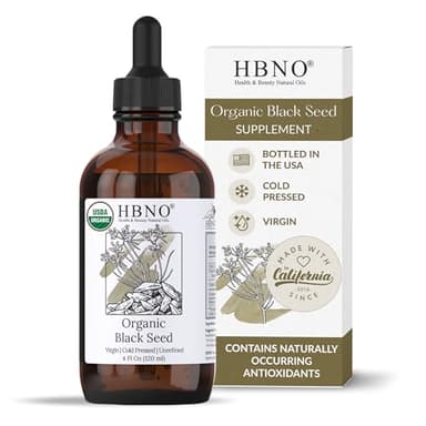 HBNO Organic Black Seed Oil - Huge 4oz (120ml) Glass Bottle Value Size - USDA Certified Organic Black Seed Oil, Cold Pressed for Face, Body, Lips, Shampoo & Conditioner